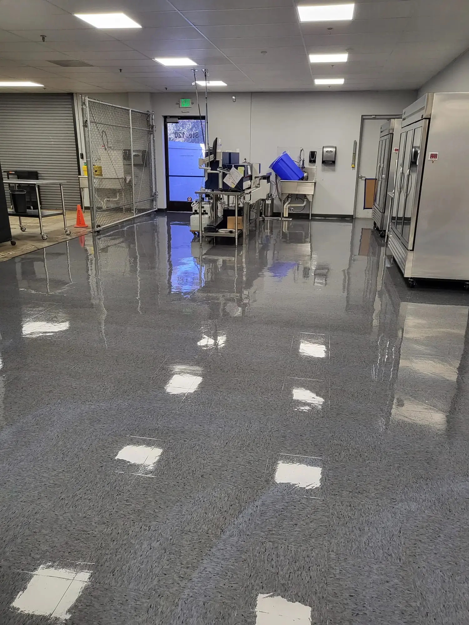Floor waxing in progress
